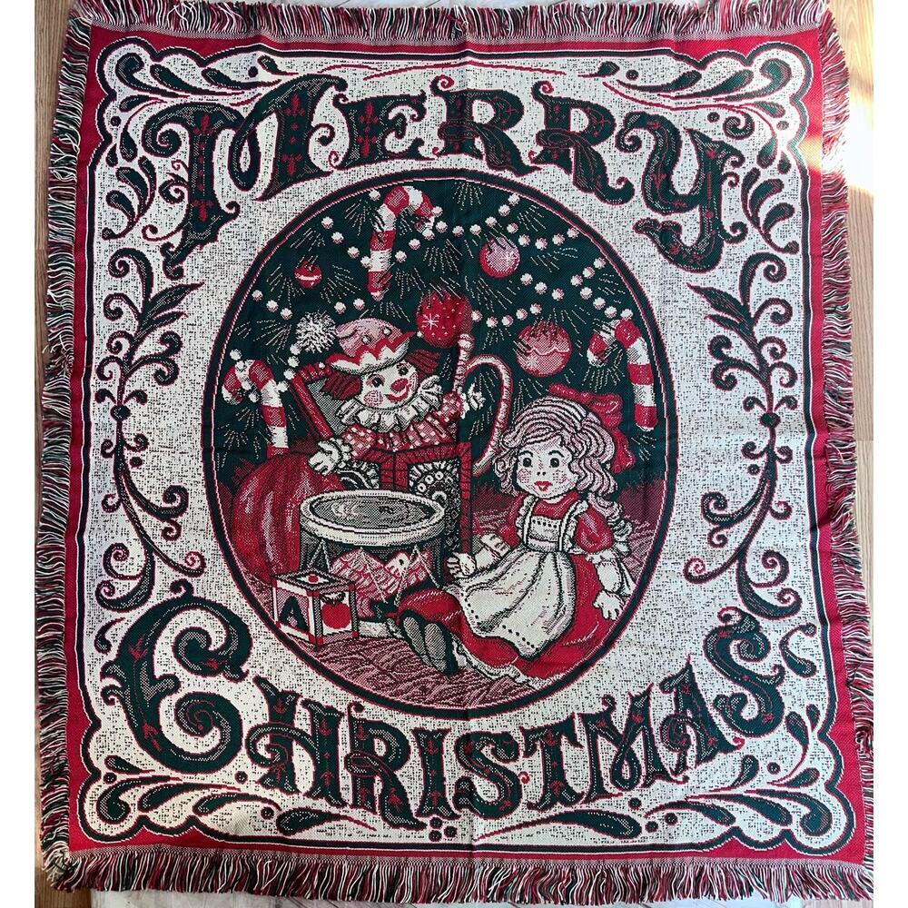 Vintage Tapestry Double Side Christmas Cotton Throw Fringed Border 48 X 53